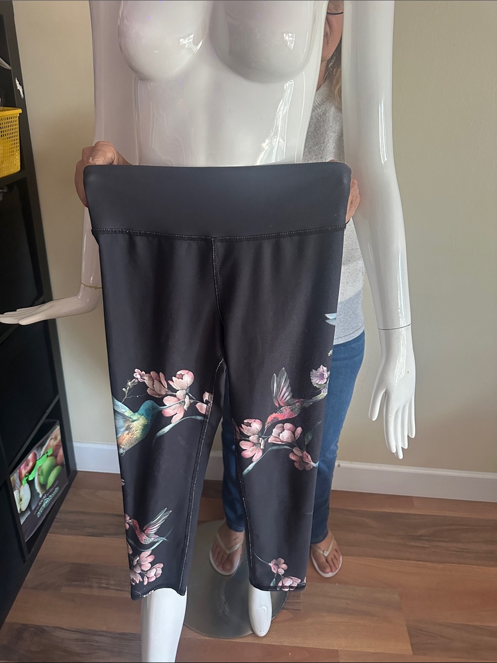 Evolution and Creation Black Capri Leggings with Floral & Hummingbird Print